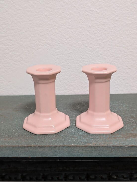 Unmarked Other - Pair of Light Pink Small Taper Candlestick Candle Holders Octagon Cottagecore